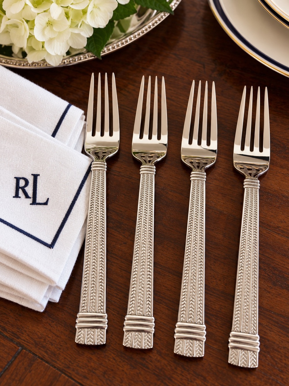 Set of 4 Ralph Lauren 8” Wainwright Herringbone Stainless Steel Dinner Forks